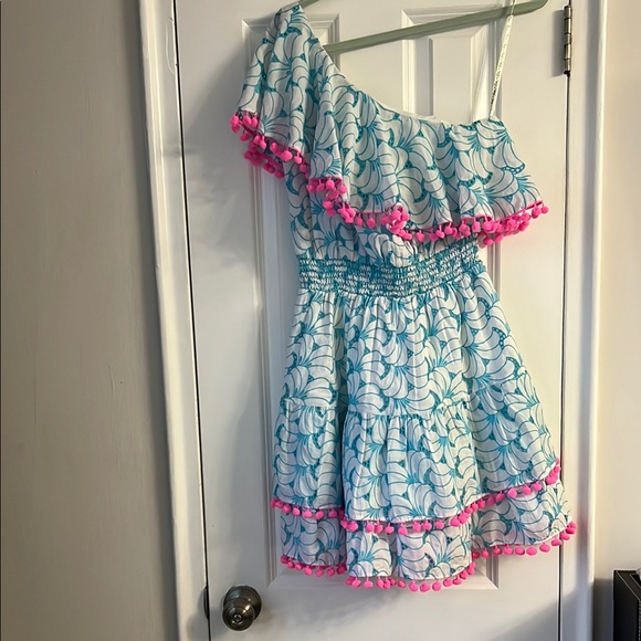 Lilly Pulitzer Addilyn One Shoulder Dress Blue Tropical Swirl Eyelet S - Picture 4 of 8